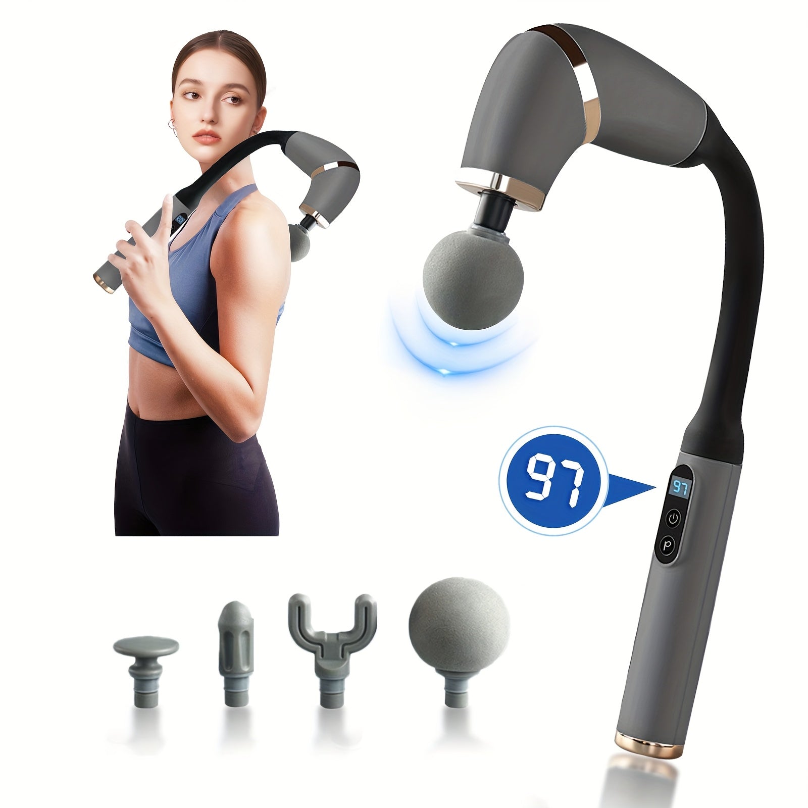 [Upgraded Version] Professional Deep Tissue Massage Gun - Back Massage with 12mm Non Impact | Ergonomic Long Handle for Neck, Shoulder, Leg & Foot | 4 Interchangeable Heads & Adjustable Speed (2024 Upgrade)