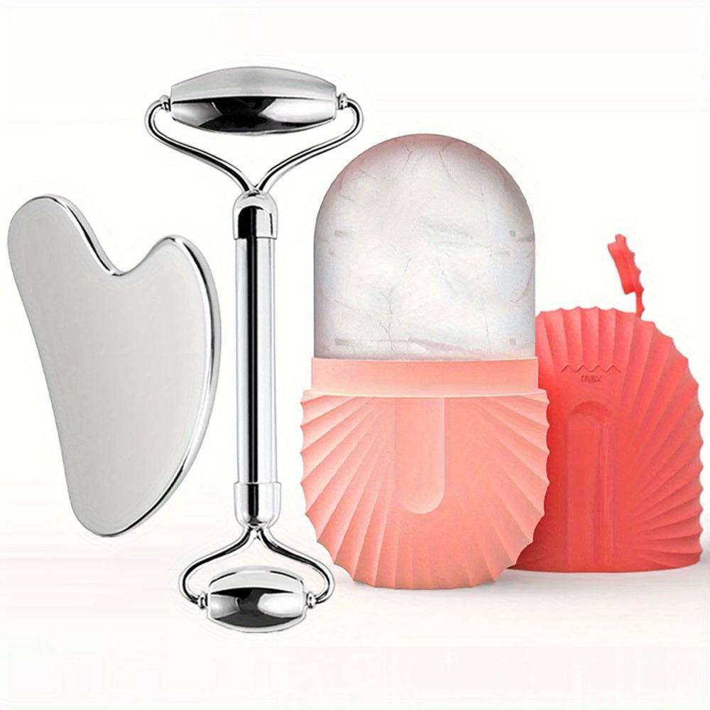 3 in 1 Stainless Steel Ice Face Roller Set, Gua Sha Facial Skincare Tool Kit, Reusable & Leakproof Skin Care Massage Contouring Tool, Unscented Beauty Roller Mold Cube, No Power or Battery Needed - FitGritStore