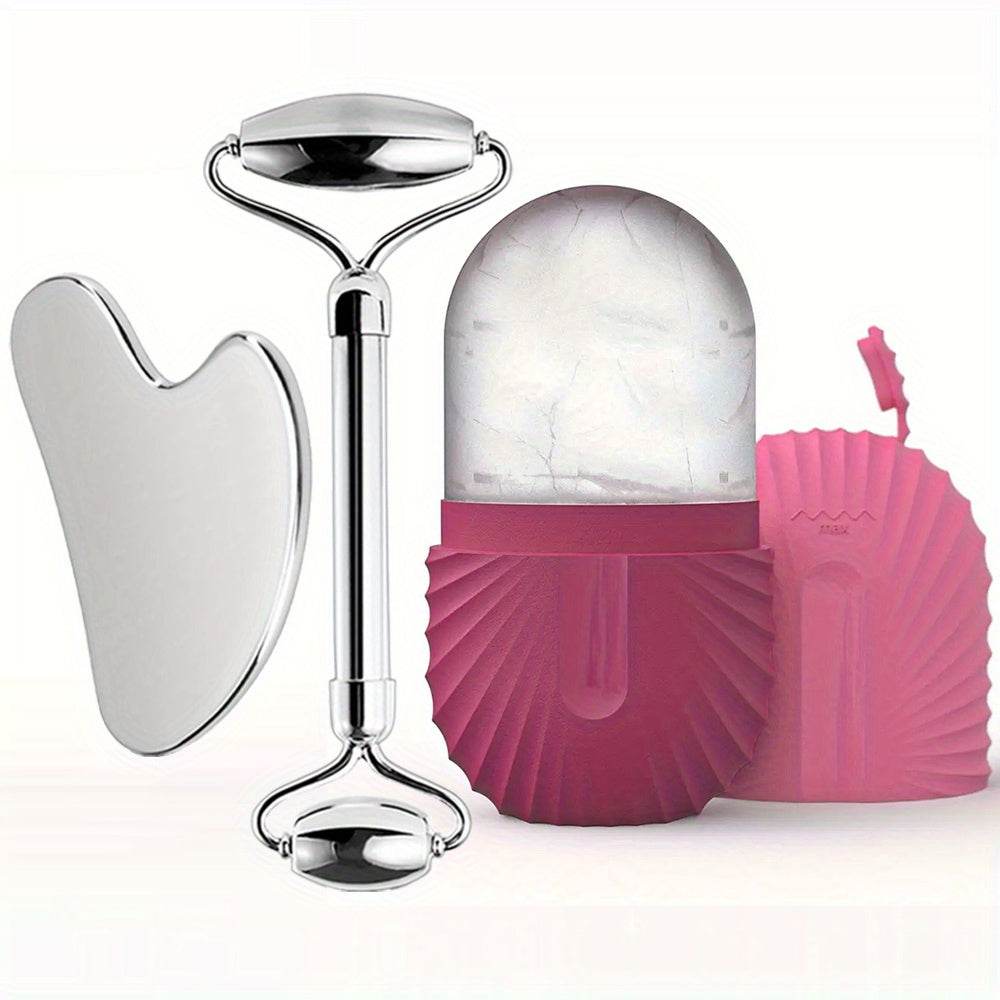 3 in 1 Stainless Steel Ice Face Roller Set, Gua Sha Facial Skincare Tool Kit, Reusable & Leakproof Skin Care Massage Contouring Tool, Unscented Beauty Roller Mold Cube, No Power or Battery Needed - FitGritStore