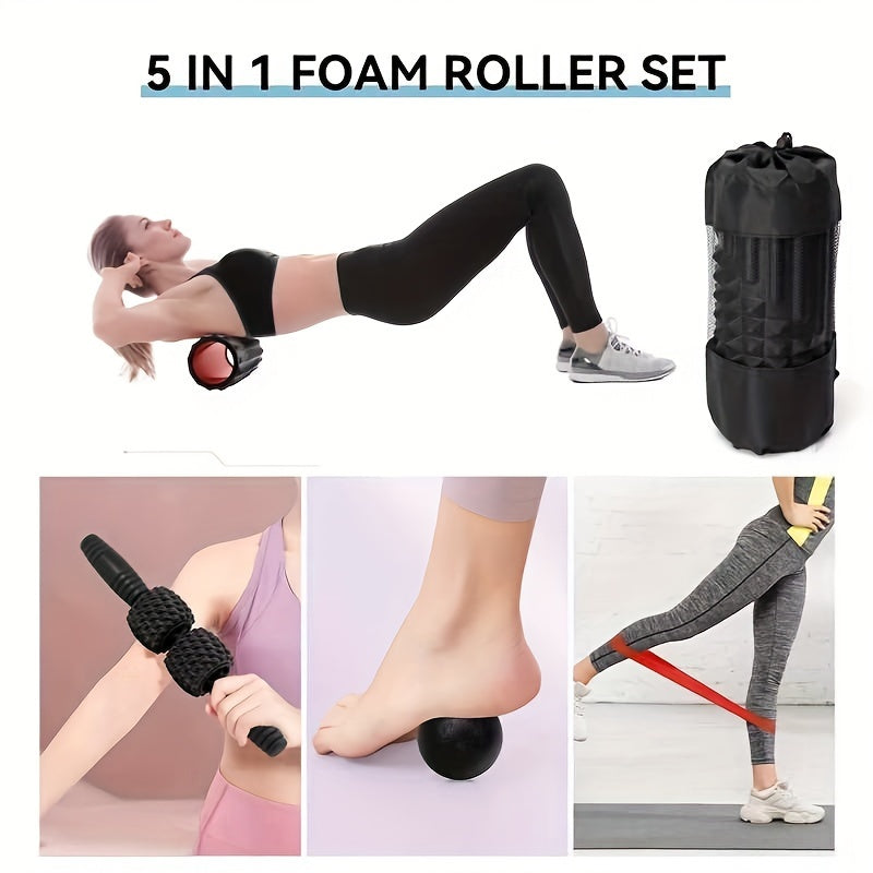 [5-in-1 Deep Tissue Massage Set] 5 In 1 Foam Roller Set, Trigger Point Back Roller, Muscle Roller Stick, Massage Ball, Massage Roller And Resistance Band For Deep Tissue Massage Fitness Exercise Yoga Pilates