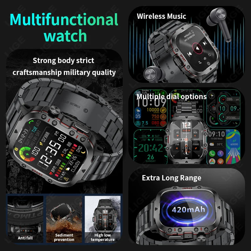 LIGE New Men's Smartwatch | 1.96" HD Display, SOS, Bluetooth Calls | Waterproof, Heart Rate & Fitness Tracker