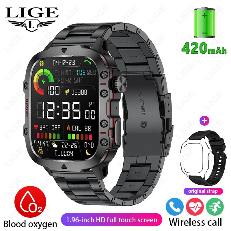 LIGE New Men's Smartwatch | 1.96" HD Display, SOS, Bluetooth Calls | Waterproof, Heart Rate & Fitness Tracker