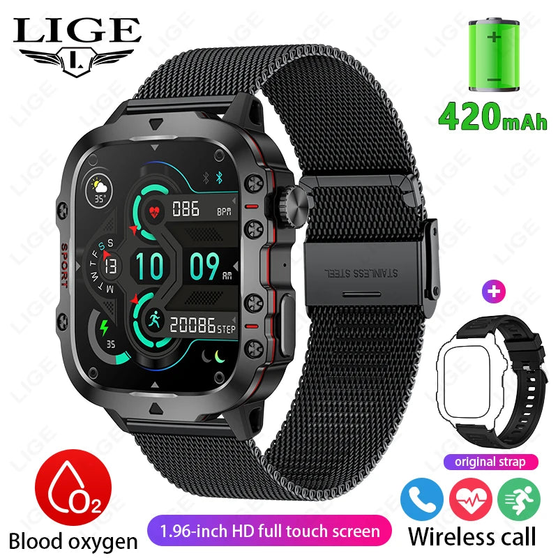 LIGE New Men's Smartwatch | 1.96" HD Display, SOS, Bluetooth Calls | Waterproof, Heart Rate & Fitness Tracker