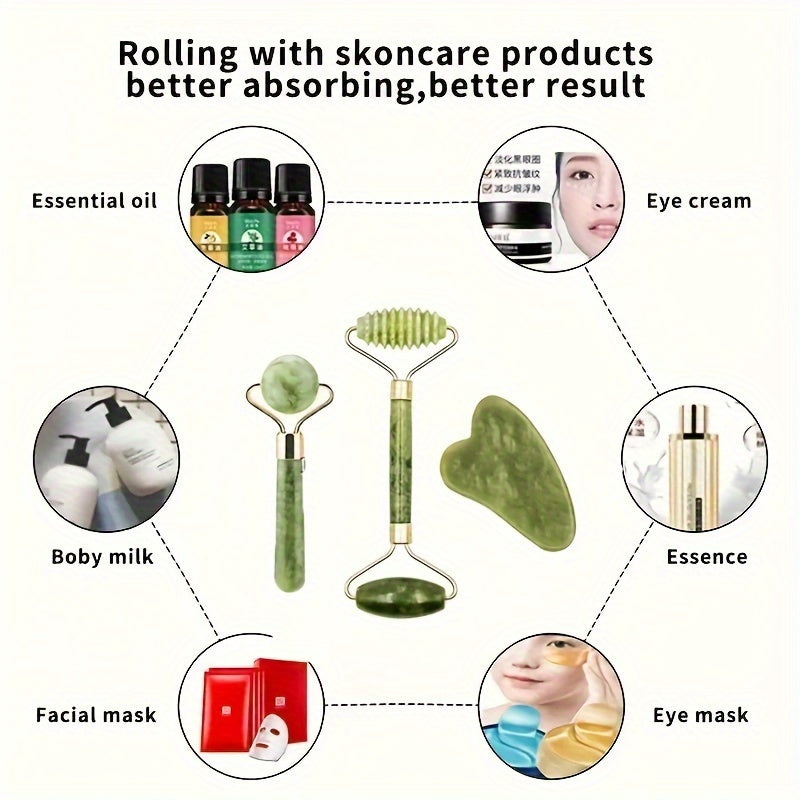 FORICOM 3pcs Jade Roller & Gua Sha Set-Shaped Comb - Fragrance-Free, Manual Beauty Tools for Face, Eye, Neck, Forehead - Perfect Gift for Mother's Day